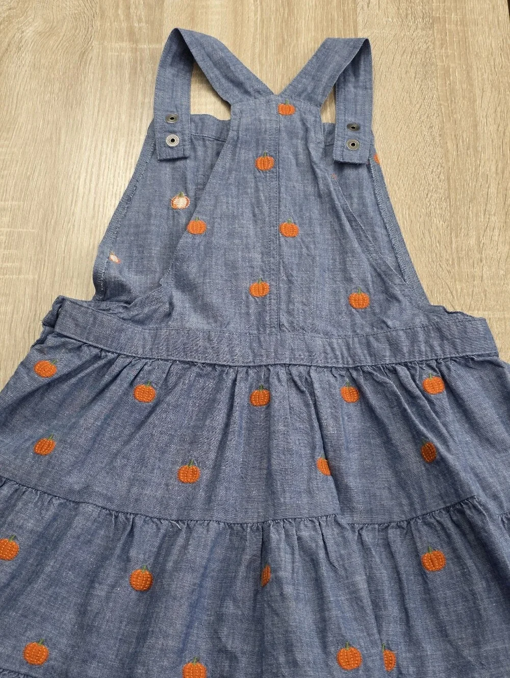 Gymboree Girls Blue Chambray Pumpkin-Embroidered Pinafore Overalls Jumper Dress